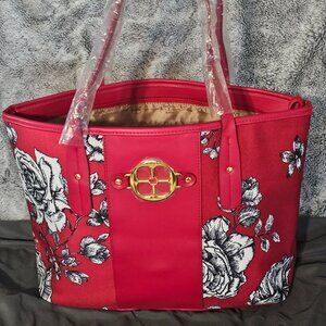 Red Iman Global Chic tote bag white roses & flowers & gold accents large NEW